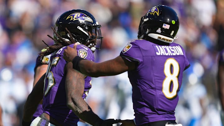 Oct 22, 2023; Baltimore, Maryland, USA; Baltimore Ravens  running back Gus Edwards (35) celebrates