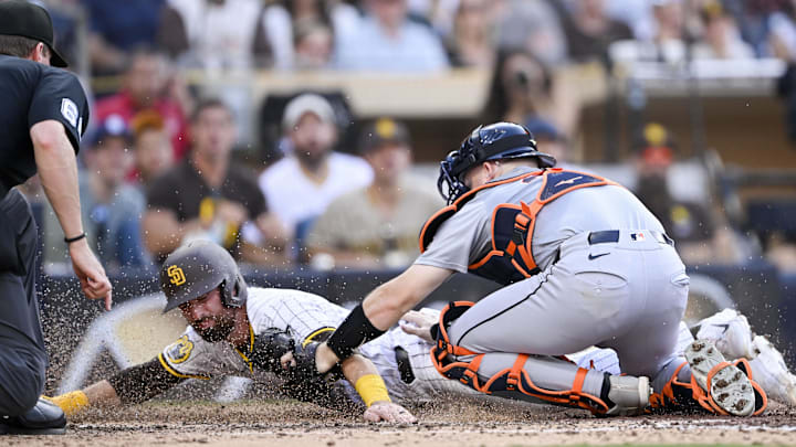 Sep 2, 2024; San Diego, California, USA; Detroit Tigers catcher Jake Rogers (34) tags San Diego Padres shortstop Mason McCoy (18) out at the plate durign the eighth inning at Petco Park. Mandatory Credit: Denis Poroy-Imagn Images