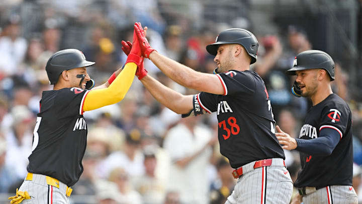 Lewis, Wallner, and Larnach meet at home v San Diego Padres