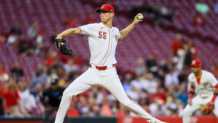 Sep 17, 2024; Cincinnati, Ohio, USA; Cincinnati Reds starting pitcher Brandon Williamson (55) pitches against the Atlanta Braves in the first inning at Great American Ball Park. Mandatory Credit: Katie Stratman-Imagn Images
