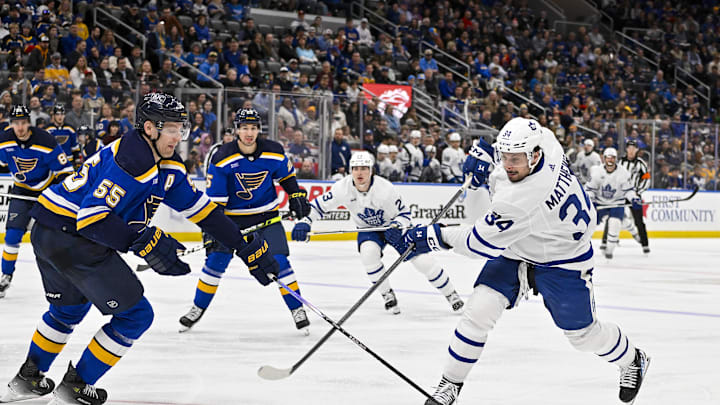 Feb 19, 2024; St. Louis, Missouri, USA;  Toronto Maple Leafs center Auston Matthews (34) shoots as