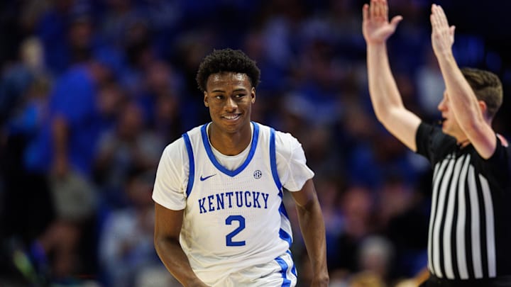 Oct 29, 2024; Lexington, KY, USA; Kentucky Wildcats guard Jaxson Robinson (2) smiles after making a three-point basket during the first half against the Minnesota State Mavericks at Rupp Arena. Mandatory Credit: Jordan Prather-Imagn Images