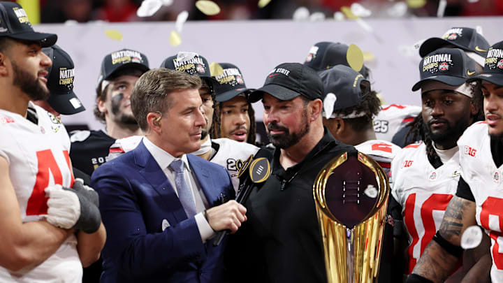 Jan 20, 2025; Atlanta, GA, USA; Ohio State Buckeyes head coach Ryan Day is interviewed after winning against the Notre Dame Fighting Irish in the CFP National Championship college football game at Mercedes-Benz Stadium. Mandatory Credit: Brett Davis-Imagn Images