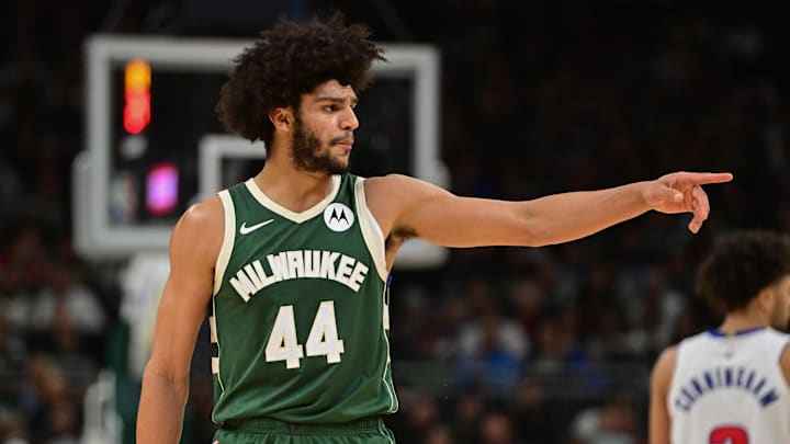 Dec 16, 2023; Milwaukee, Wisconsin, USA; Milwaukee Bucks guard Andre Jackson Jr. (44) reacts in the