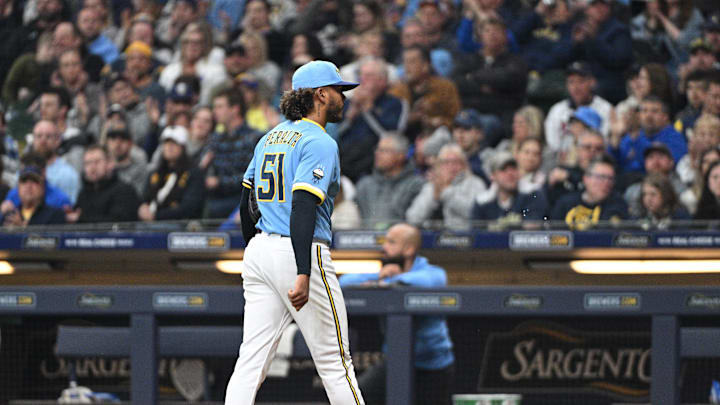 Apr 21, 2023; Milwaukee, Wisconsin, USA; Milwaukee Brewers starting pitcher Freddy Peralta (51) walks off the field after being taken out against the Boston Red Sox in the sixth inning at American Family Field. Mandatory Credit: Michael McLoone-Imagn Images