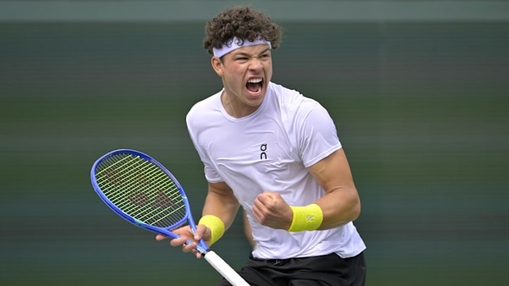 Mar 12, 2025; Indian Wells, CA, USA; Ben Shelton (USA) reacts after a winning a point as he defeated Brandon Nakashima (not pictured) in round four of the BNP Paribas Open at the Indian Well Tennis Garden.