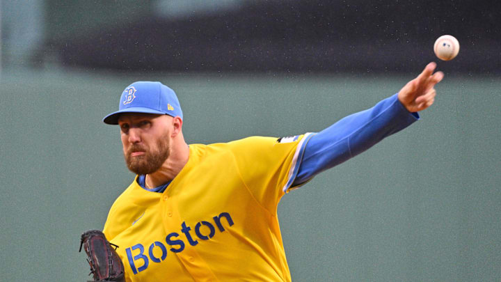 Apr 19, 2026; Boston, Massachusetts, USA; Boston Red Sox starting pitcher Garrett Crochet (35) pitches against the Detroit Tigers during the first inning at Fenway Park. Mandatory Credit: Eric Canha-Imagn Images
