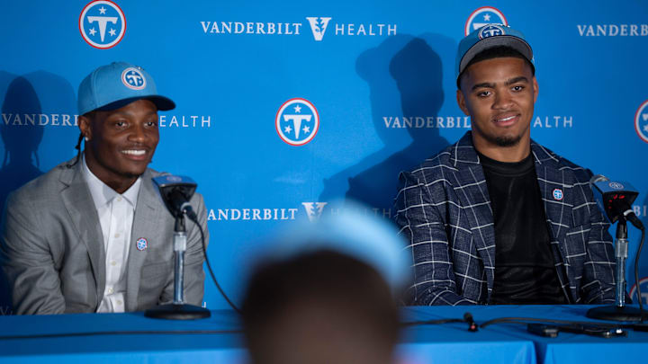 Tennessee Titans first round draft picks wide receiver Carnell Tate, left, and edge Keldric Faulk field questions from the media at Vanderbilt Health Football Center Friday, April 24, 2026.