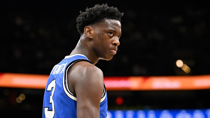 Nov 15, 2025; Boston, Massachusetts, USA; BYU Cougars forward AJ Dybantsa (3) looks on during the second half against the UConn Huskies at TD Garden. Mandatory Credit: Eric Canha-Imagn Images