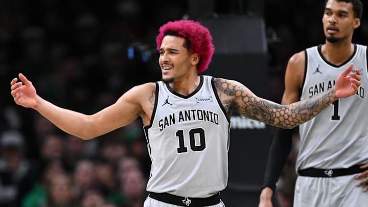 Jan 10, 2026; Boston, Massachusetts, USA; San Antonio Spurs forward Jeremy Sochan (10) reacts after being called for a foul during the first half of a game against the Boston Celtics at the TD Garden. Mandatory Credit: Brian Fluharty-Imagn Images Jan 10, 2026; Boston, Massachusetts, USA; San Antonio Spurs forward Jeremy Sochan (10) reacts after being called for a foul during the first half of a game against the Boston Celtics at the TD Garden. Mandatory Credit: Brian Fluharty-Imagn Images