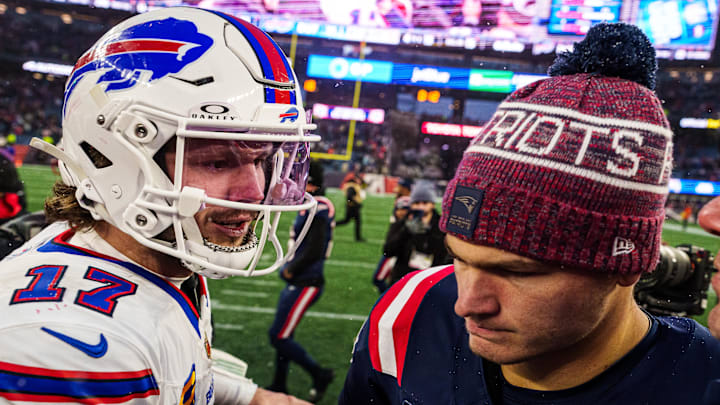 Dec 14, 2025; Foxborough, Massachusetts, USA; New England Patriots quarterback Drake Maye (10) meets Buffalo Bills quarterback Josh Allen (17) on the field after the game at Gillette Stadium