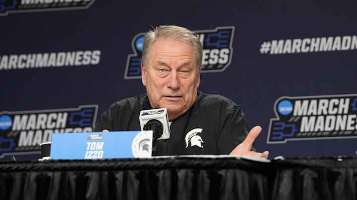 Mar 18, 2026; Buffalo, NY, USA; Michigan State Spartans Head Coach Tom Izzo answers questions during a press conference prior to a practice session ahead of the first round of the men's 2026 NCAA Tournament at Keybank Center. Mandatory Credit: Gregory Fisher-Imagn Images