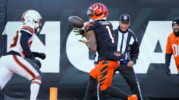 Cincinnati Bengals wide receiver Ja'Marr Chase (1) catches a pass in the end zone for a touchdown in the fourth quarter of the NFL Week 16 game between the Cincinnati Bengals and the Cleveland Browns at Paycor Stadium in downtown Cincinnati on Sunday, Dec. 22, 2024. The Bengals won 24-16.