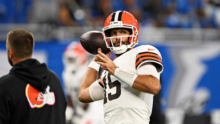 Sep 28, 2025; Detroit, Michigan, USA; Cleveland Browns quarterback Joe Flacco (15) warms up before the game against the Detroit Lions at Ford Field. Mandatory Credit: Lon Horwedel-Imagn Images