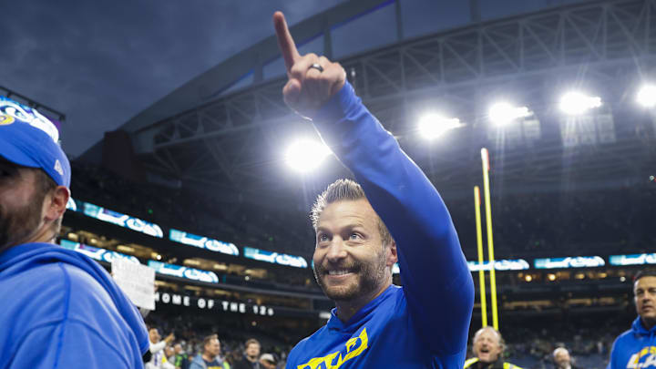 Nov 3, 2024; Seattle, Washington, USA; Los Angeles Rams head coach Sean McVay points to fans while walking to the locker room following an overtime victory against the Seattle Seahawks at Lumen Field. Mandatory Credit: Joe Nicholson-Imagn Images