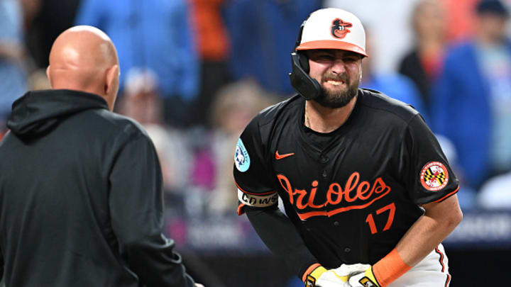 Cowser reacts after being hit on the hand by a pitch from Royals' Angel Zerpa. 