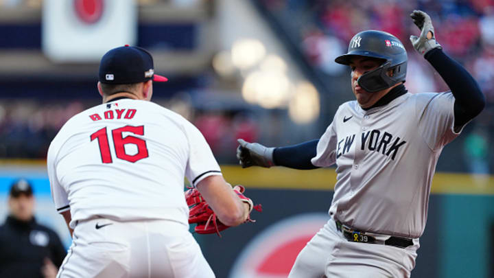 Matthew Boyd tags out Jose Trevino in Game 3 of the ALDS between the Cleveland Guardians and New York Yankees. 
