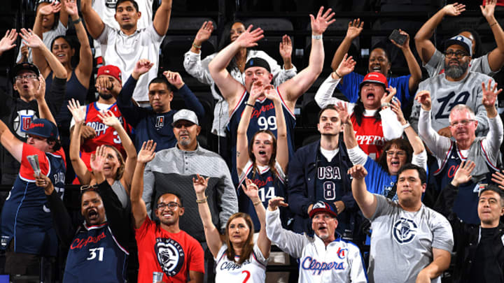 Los Angeles Clippers fans attempt to distract the Sacramento Kings at the free throw line during an October 17 game at Intuit Dome in Los Angeles, California.