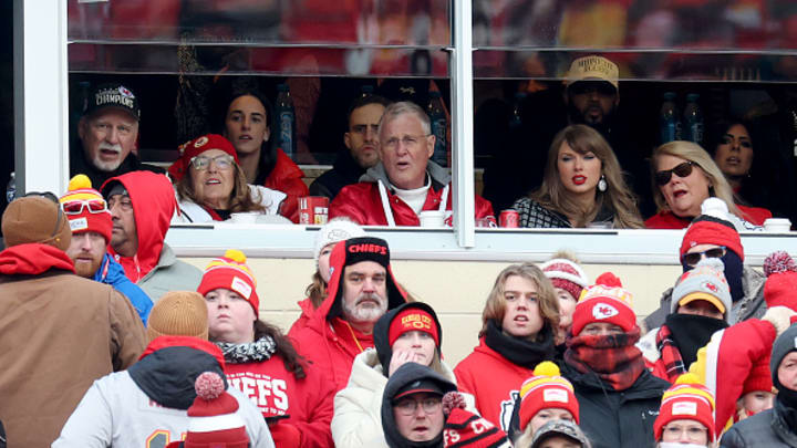 Singer-songwriter Taylor Swift looks on during the first half in the AFC Divisional Playoff between the Houston Texans and the Kansas City Chiefs at GEHA Field at Arrowhead Stadium on January 18, 2025 in Kansas City, Missouri. 