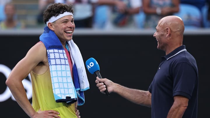 Ben Shelton is interviewed by Roger Rasheed after an Australian Open win.
