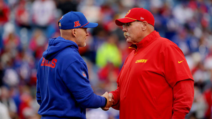 Head coach Sean McDermott of the Buffalo Bills and head coach Andy Reid of the Kansas City Chiefs shake hands prior to a game between the Buffalo Bills and the Kansas City Chiefs at Highmark Stadium on November 17, 2024 in Orchard Park, New York. 