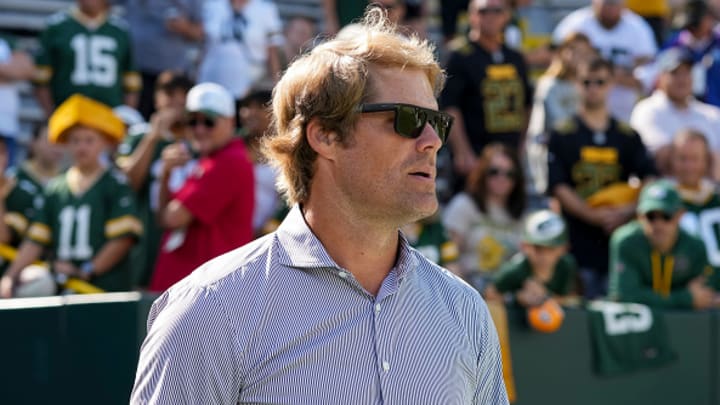 Fox Sports analyst Greg Olsen stands on the field prior to an NFL football game between the Indianapolis Colts and the Green Bay Packers, at Lambeau Field on September 15, 2024 in Green Bay, Wisconsin. Fox Sports analyst Greg Olsen stands on the field prior to an NFL football game between the Indianapolis Colts and the Green Bay Packers, at Lambeau Field on September 15, 2024 in Green Bay, Wisconsin.