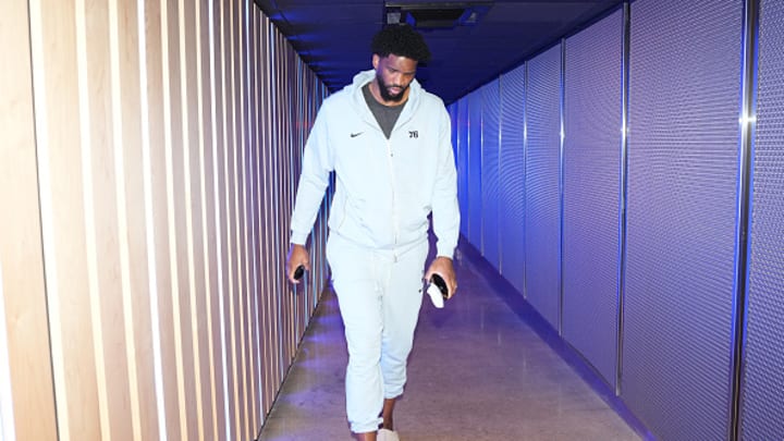 Joel Embiid arrives at the Sixers game against the Miami Heat.
