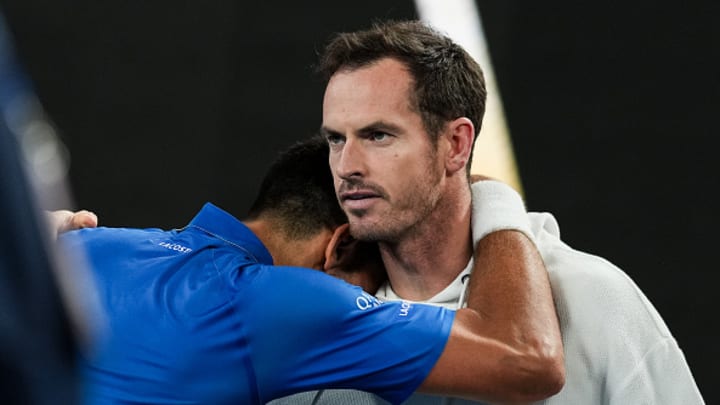 Novak Djokovic hugs his coach Andy Murray after a quarterfinals win at the Australian Open.