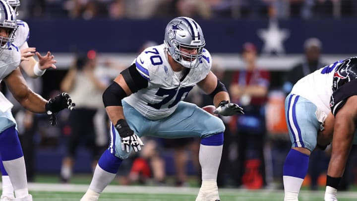 Zack Martin #70 of the Dallas Cowboys blocks during the first half against the Houston Texans at AT&T Stadium on November 18, 2024 in Arlington, Texas.