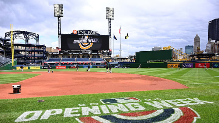Opening Week 2024 logo is seen on the field before the Pittsburgh Pirates home opener against the Baltimore Orioles at PNC Park on April 5, 2024 in Pittsburgh, Pennsylvania. 