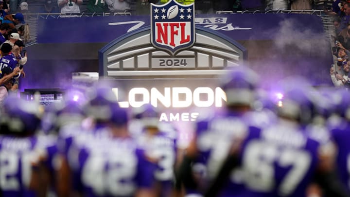 The Minnesota Vikings stand on the field during the game in London in 2024.