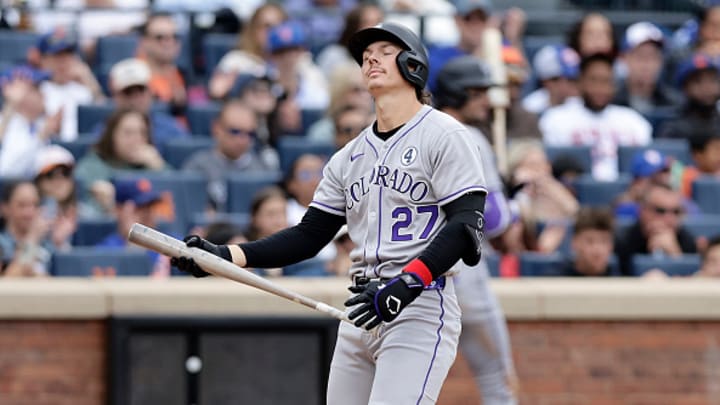 Jordan Beck of the Colorado Rockies reacts after striking out against the New York Mets