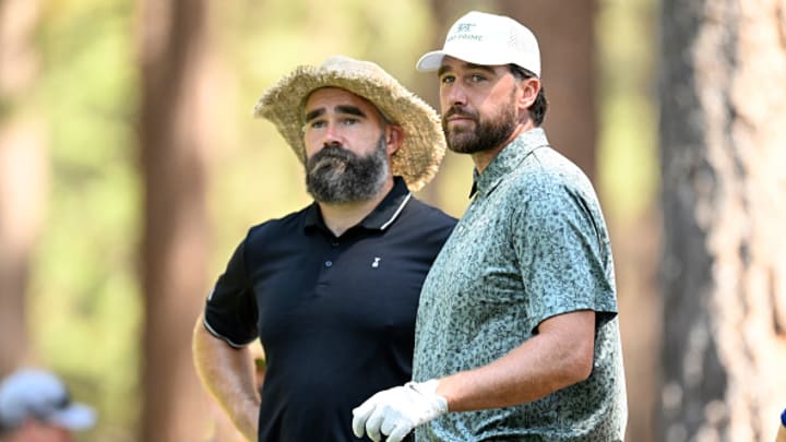 Jason Kelce and Travis Kelce stand in the 16th tee box during the first round of the American Century Championship at Edgewood Tahoe Golf Course in Stateline, Nevada. 