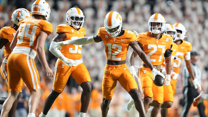 Tennessee defensive back John Slaughter (12) celebrating with teammates during the NCAA college football game against Kent State on Saturday, Sept. 14, 2024 in Knoxville, Tenn. Tennessee defensive back John Slaughter (12) celebrating with teammates during the NCAA college football game against Kent State on Saturday, Sept. 14, 2024 in Knoxville, Tenn.