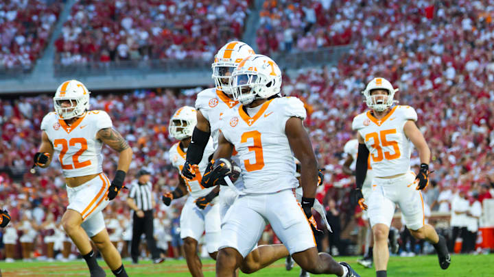 Sep 21, 2024; Norman, Oklahoma, USA;  Tennessee Volunteers defensive back Jermod McCoy (3) reacts after making an interception during the first quarter against the Oklahoma Sooners at Gaylord Family-Oklahoma Memorial Stadium. Mandatory Credit: Kevin Jairaj-Imagn Images