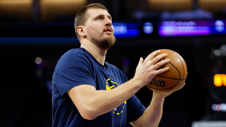 Nov 11, 2025; Sacramento, California, USA; Denver Nuggets center Nikola Jokic (15) warms up before the game against the Sacramento Kings at Golden 1 Center. Mandatory Credit: Sergio Estrada-Imagn Images Nov 11, 2025; Sacramento, California, USA; Denver Nuggets center Nikola Jokic (15) warms up before the game against the Sacramento Kings at Golden 1 Center. Mandatory Credit: Sergio Estrada-Imagn Images