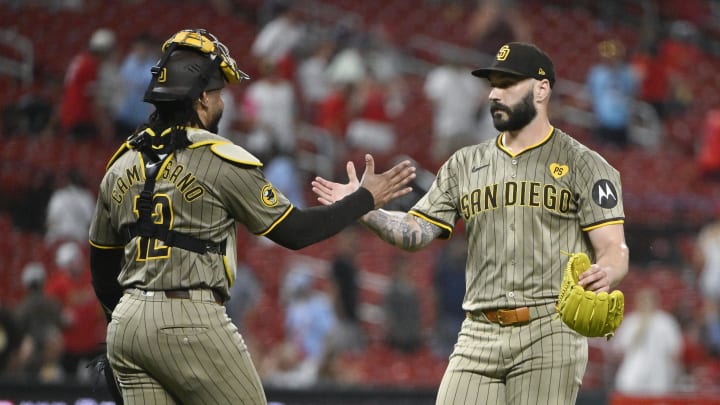 Aug 27, 2024; St. Louis, Missouri, USA;  San Diego Padres relief pitcher Tanner Scott (66) celebrated with catcher Luis Campusano (12) after the Padres defeated the St. Louis Cardinals at Busch Stadium. Mandatory Credit: Jeff Curry-USA TODAY Sports