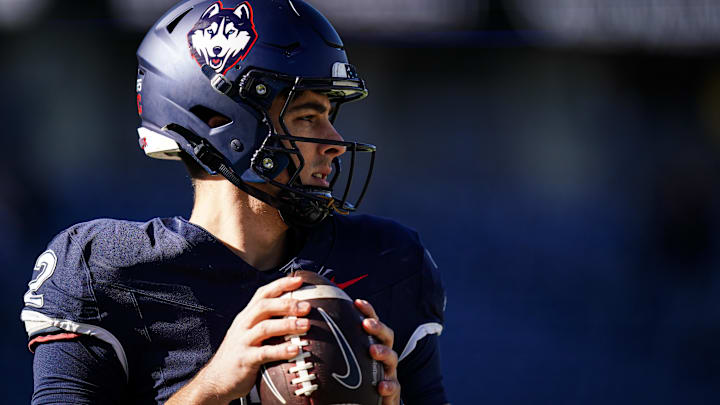 Nov 1, 2025; East Hartford, Connecticut, USA; UConn Huskies quarterback Joe Fagnano (2) warms up before the start of the game against the UAB Blazers at Pratt & Whitney Stadium at Rentschler Field. Mandatory Credit: David Butler II-Imagn Images