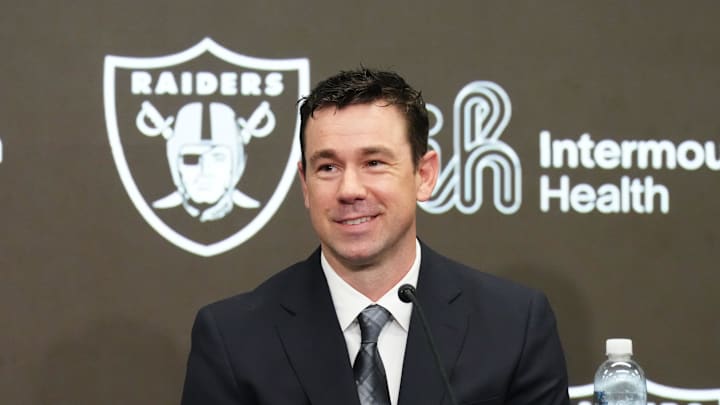 Feb 10, 2026; Henderson, NV, USA; Las Vegas Raiders coach Klint Kubiak speaks at introductory press conference at Intermountain Health Performance Center. Mandatory Credit: Kirby Lee-Imagn Images