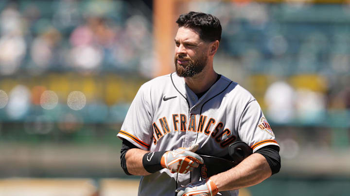 Aug 7, 2022; Oakland, California, USA; San Francisco Giants first baseman Brandon Belt (9) during the fifth inning against the Oakland Athletics at RingCentral Coliseum. Mandatory Credit: Darren Yamashita-Imagn Images Aug 7, 2022; Oakland, California, USA; San Francisco Giants first baseman Brandon Belt (9) during the fifth inning against the Oakland Athletics at RingCentral Coliseum. Mandatory Credit: Darren Yamashita-Imagn Images