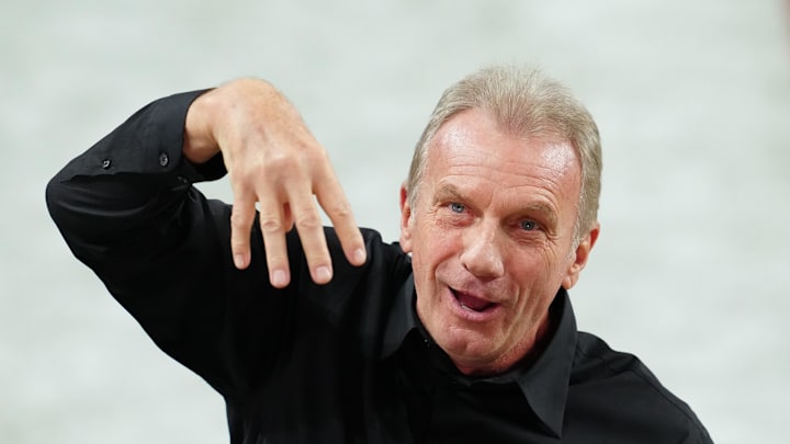 Feb 11, 2024; Paradise, Nevada, USA; San Francisco 49ers former quarterback Joe Montana cheers in the first quarter in Super Bowl LVIII against the Kansas City Chiefs at Allegiant Stadium. Mandatory Credit: Stephen R. Sylvanie-Imagn Images