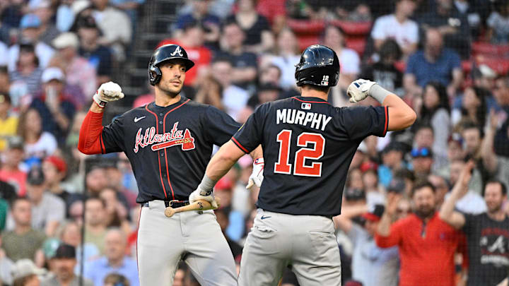 Atlanta Braves first baseman Matt Olson (28) celebrates his home run against the Boston Red Sox with catcher Sean Murphy (12) during the second inning at Fenway Park on May 16.