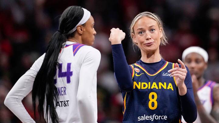 Indiana Fever guard Sophie Cunningham (8) points to Phoenix Mercury forward-guard DeWanna Bonner (24) after an argument between the two on Monday, June 22, 2026, during the game at Gainbridge Fieldhouse in Indianapolis. The Indiana Fever defeated the Phoenix Mercury, 86-77. Indiana Fever guard Sophie Cunningham (8) points to Phoenix Mercury forward-guard DeWanna Bonner (24) after an argument between the two on Monday, June 22, 2026, during the game at Gainbridge Fieldhouse in Indianapolis. The Indiana Fever defeated the Phoenix Mercury, 86-77.