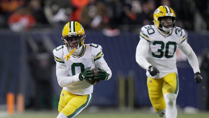 Green Bay Packers wide receiver Matthew Golden (0) makes a reception for a first down during the second quarter of their wild card playoff game against the Chicago Bears Saturday, January 10, 2026 at Soldier Field in Chicago, Illinois.