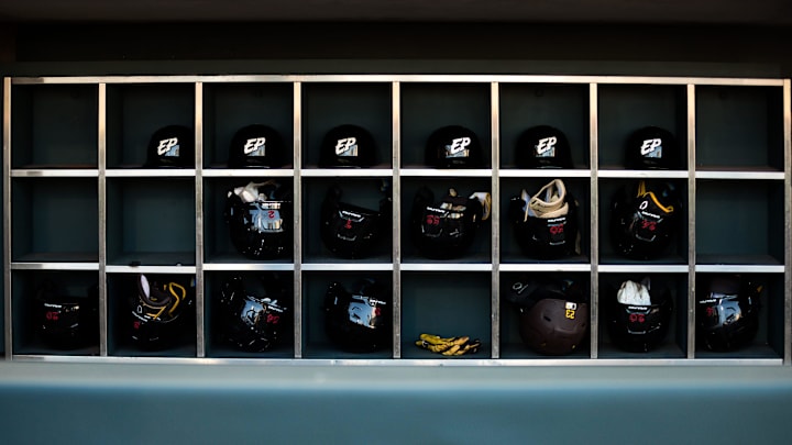 San Diego Padres Triple-A affiliate El Paso Chihuahuas helmets on display at Southwest University Park on Tuesday, April 11, 2023 in El Paso, Texas.