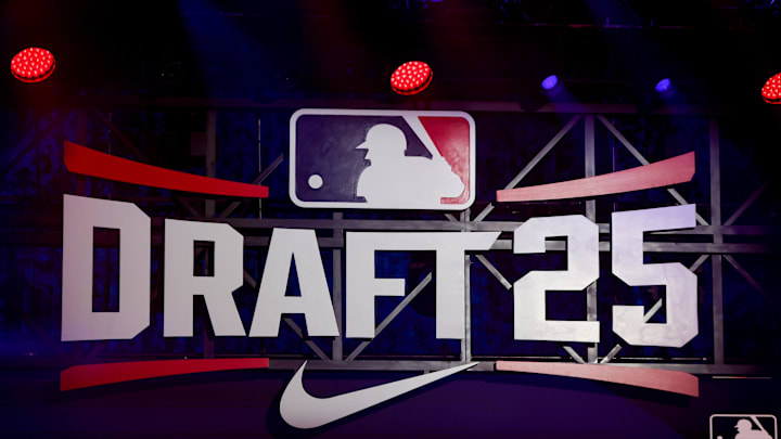Jul 13, 2025; Atlanta, GA, USA; A general view of MLB Draft signage on the stage at The Coca-Cola Roxy. Mandatory Credit: Brett Davis-Imagn Images
