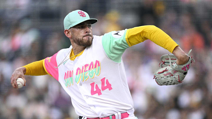 Jul 28, 2023; San Diego, California, USA; San Diego Padres starting pitcher Joe Musgrove (44) throws