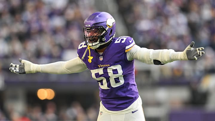 Dec 1, 2024; Minneapolis, Minnesota, USA; Minnesota Vikings linebacker Jonathan Greenard (58) reacts during the second quarter against the Arizona Cardinals at U.S. Bank Stadium. Mandatory Credit: Jeffrey Becker-Imagn Images