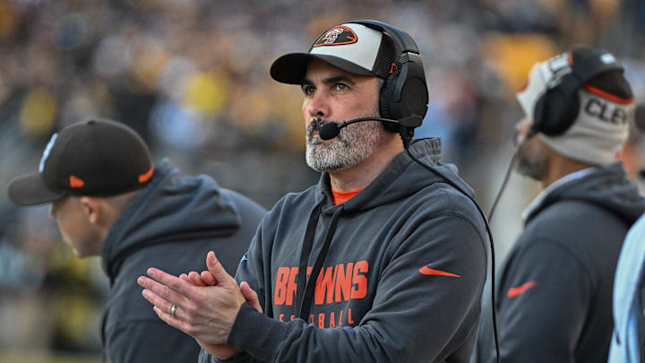 Dec 8, 2024; Pittsburgh, Pennsylvania, USA; Cleveland Browns head coach Kevin Stefanski reacts against the Pittsburgh Steelers during the fourth quarter at Acrisure Stadium. Mandatory Credit: Barry Reeger-Imagn Images