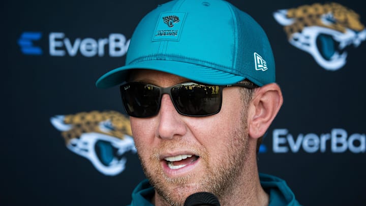 Jacksonville Jaguars head coach Liam Coen talks during a press conference after practice during an NFL training camp fifth session at the Miller Electric Center, Monday, July 28, 2025, in Jacksonville, Fla. [Doug Engle/Florida Times-Union]